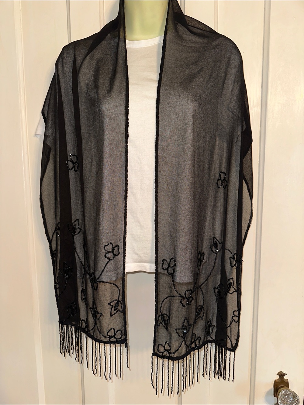 Beaded Black Floral Embroidered Fringe Sheer Scarf Wrap